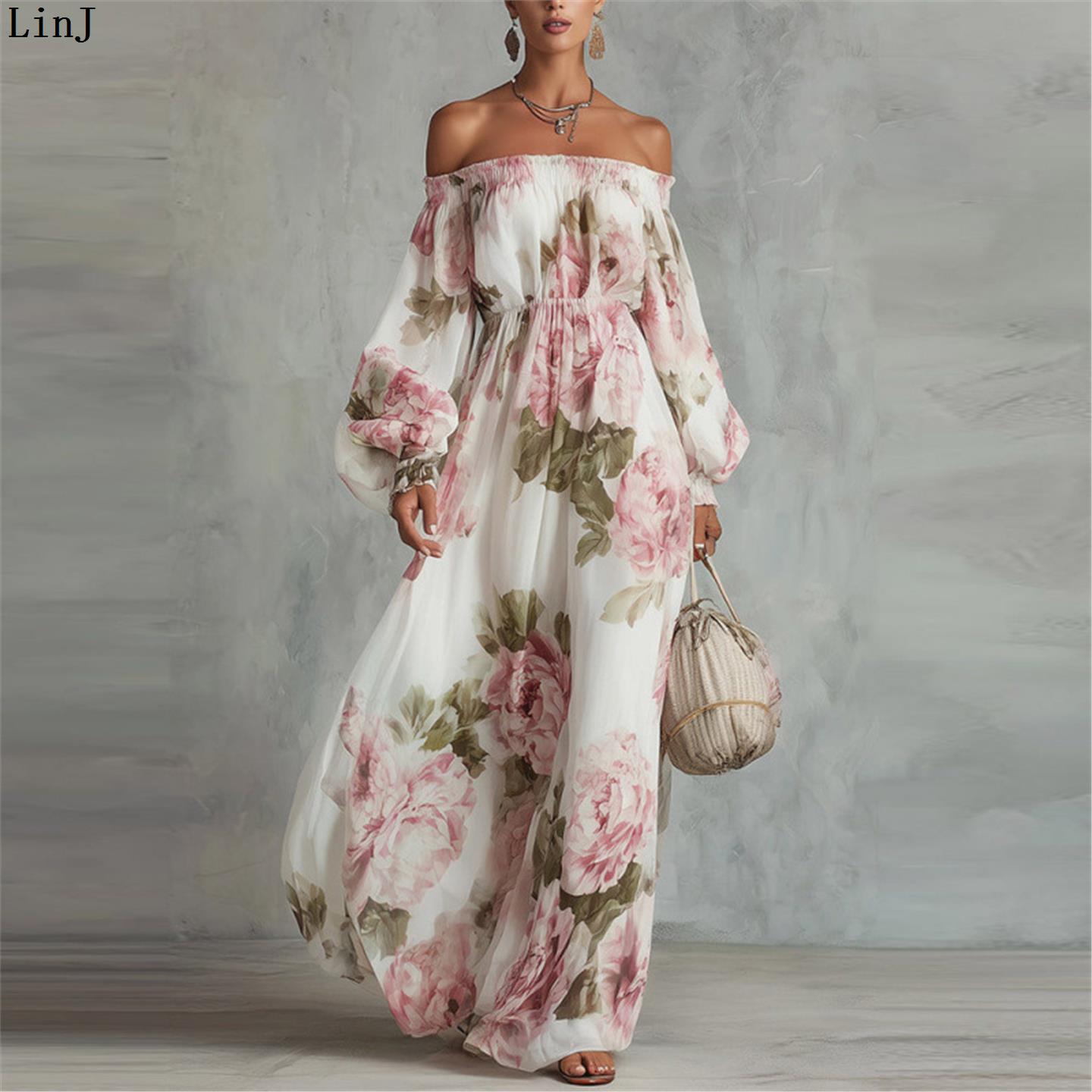 Midi Skirt Floral - LinJ2026 Kadın Tatil Tek Omuzlu Çiçek